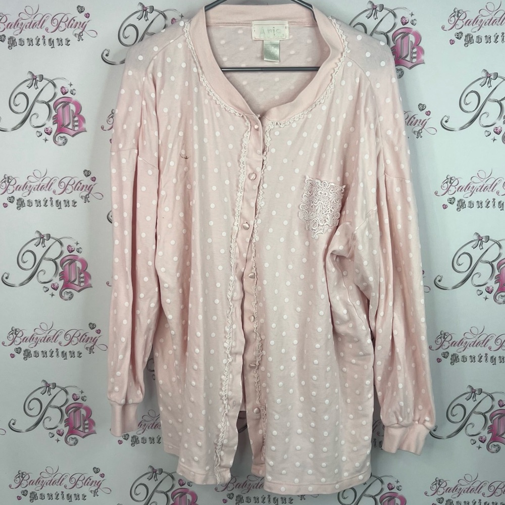 Aria button up long sleeve lace detail baby Light Pink Polka Dot Top
